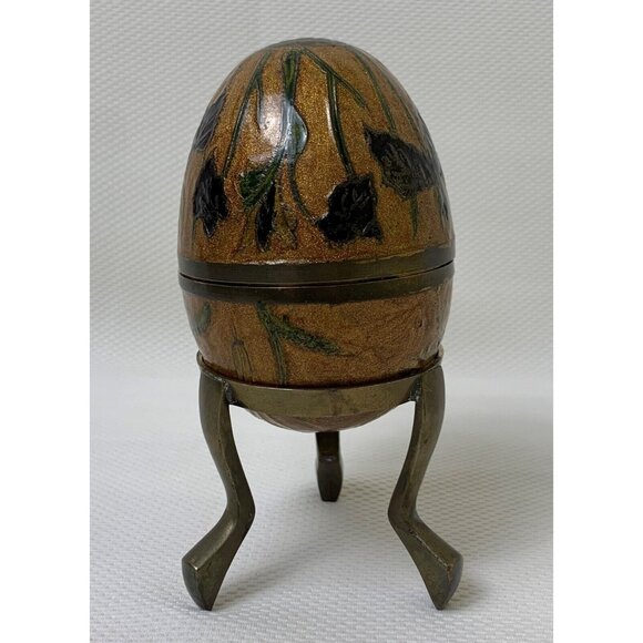 Vintage Brass Enamel Egg Cloisonne Trinket Box With Stand Hummingbird Flowers - Picture 7 of 16